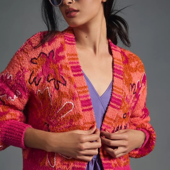 Anthropologie Embroidered Cardigan Sweater Thick Floral Pink Flowers Size XSP - Picture 1 of 10
